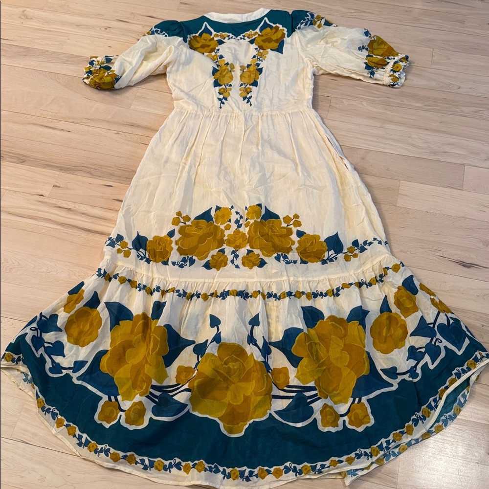 Farm Rio-Puff-Sleeve Printed Midi Dress-Floral-Boho-Festival-S - Picture 11 of 12